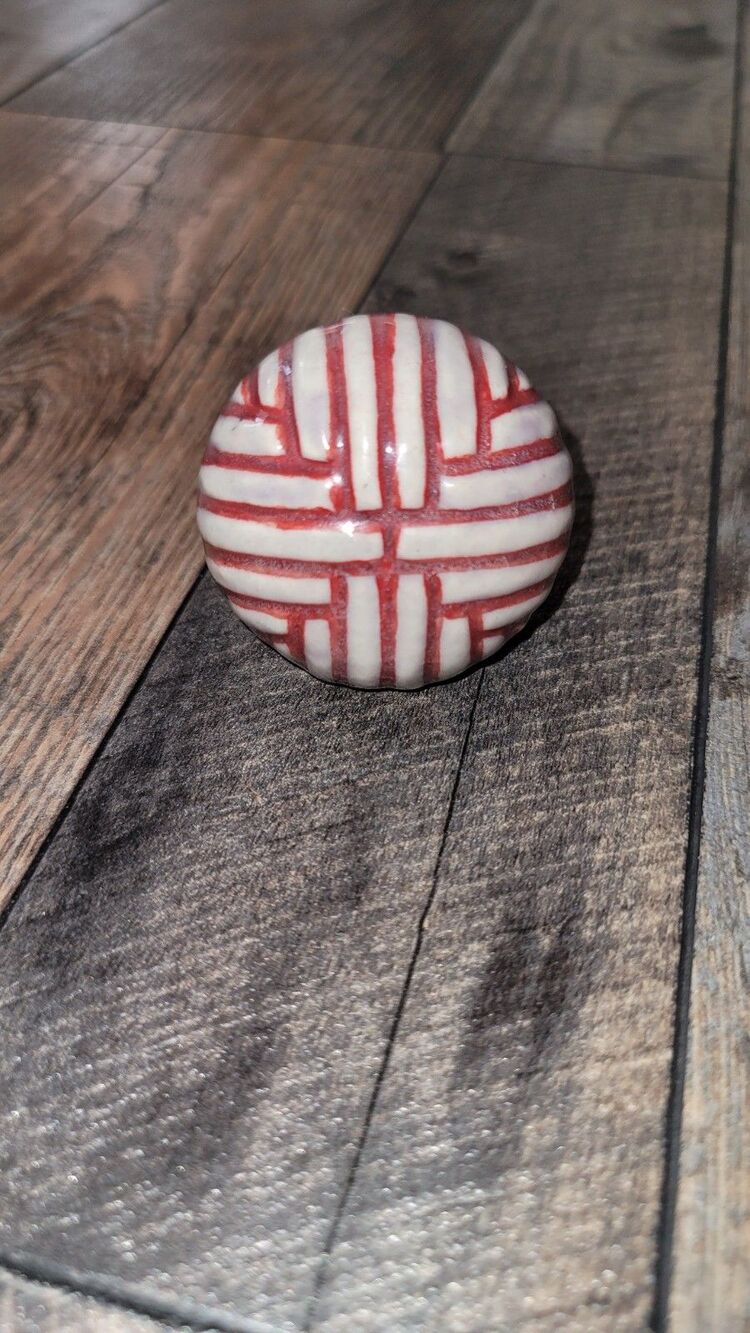 Ceramic Drawer Knob Red White Round Bohemian With Metal Screw Retro